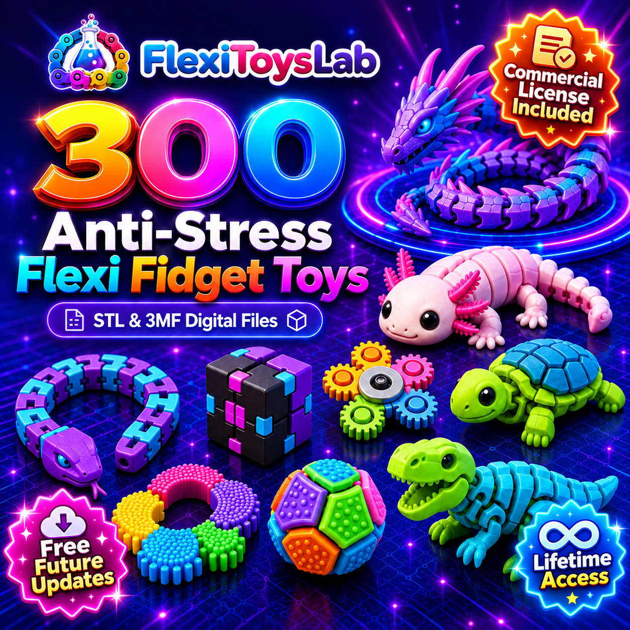 The Print-in-Place Fidget Vault bundle with 3D printed dragons, octopus, infinity cube and fidget toys