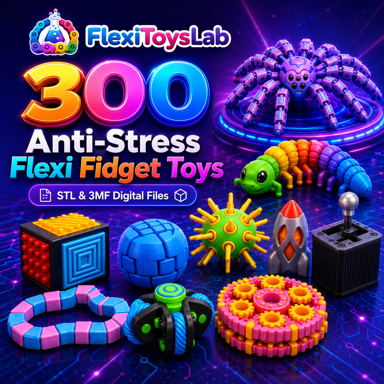 The Print-in-Place Fidget Vault bundle with 3D printed dragons, octopus, infinity cube and fidget toys